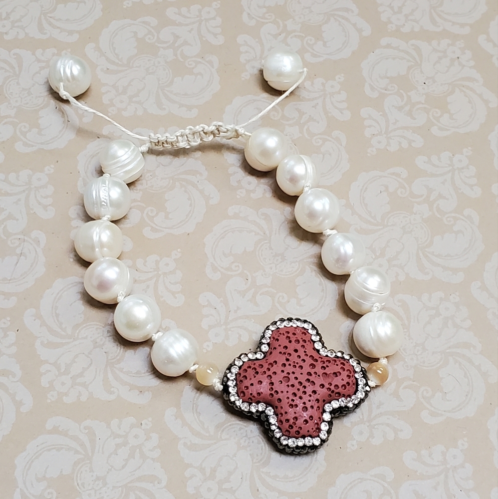 Freshwater Pearl Worthy Handmade Hemp Beaded Bracelet Rose Pink Cross De…
